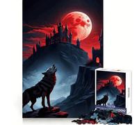 Wolf Howling Red Moon Castle Hard Jigsaw Puzzle for Adults 1000 Pieces Focus Enhance Restful Activity Smooth Cut Winter Gift (50x75cm)