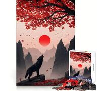 Wolf Howling Under Red Sun And Tree Jigsaw Puzzle for Adults 1000 Pieces Thought Training Calm Recreation Uniform Cut Festive Present (50x75cm)