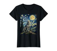 Wolf Howling Van Gogh Starry Night Wildlife Lover Inspired Value Graphic T-Shirt, Women, Black, S