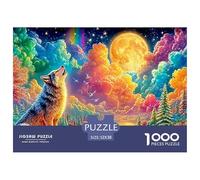 Wolf Howls; Vivid Sky, Lake, And Lit Cabins 1000 Piece Jigsaw Puzzle Enchanted Spirit Wolf - Perfect Present for Boys, Girls, Men & Women 52x38cm/1000pcs