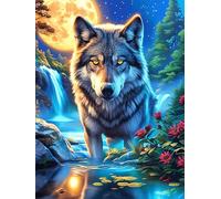 Wolf in A Waterfall Forest Under The Moon 500 Pieces Set Classic Jigsaw Puzzle Science Fiction Magical Dream Teen Fans 14-18 Yrs Logic Skill Leisure Adventure Valentines Gift Smooth Wooden Cardboard