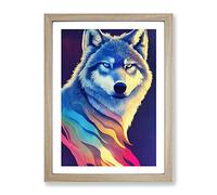 Wolf In Colour No.2 Framed Print | A3 Oak Framed Wall Art | Ready to Hang | Modern Animal Picture | Living Room Bedroom Lounge Office
