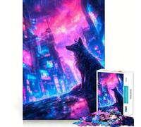 Wolf in Cyberpunk Neon Cityscape 1000 Piece Jigsaws for Adults Mind Train Fun Precision Cut Smooth Edges Absorbing Activity for Quiet Nights (50x75cm)