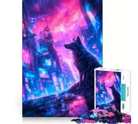 Wolf in Cyberpunk Neon Cityscape Adults 1000 Piece Jigsaw Puzzle Recall Fun Play Premium Laser Cut Quality Quiet Time Mind Exercise at Home (38x26cm)