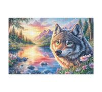 Wolf in Flowers by Mountain River at Sunset 1000 Pc Classic Jigsaw Puzzle Puzzle for Adults Hard Challenging Hobby Home Decor Poster Eco Friendly Material 1000 PCS