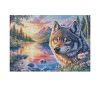 Wolf in Flowers by Mountain River at Sunset 300 Pc Classic Jigsaw Puzzle Puzzle for Adults Hard Challenging Hobby Home Decor Poster Eco Friendly Material 300 PCS