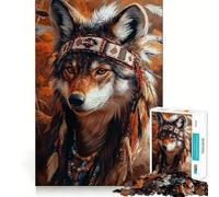 Wolf in Native American Headdress Adult Jigsaw1000 Pieces Cognitive Train Game Tight Interlock No Gaps Calming Mental Break Activity (38x52cm)