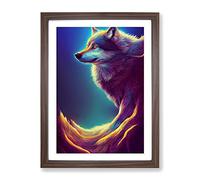 Wolf In Neon Framed Print | A2 Walnut Framed Wall Art | Ready to Hang | Modern Animal Picture | Living Room Bedroom Lounge Office