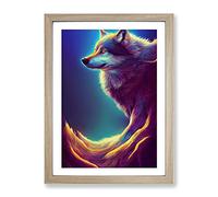 Wolf In Neon Framed Print | A3 Oak Framed Wall Art | Ready to Hang | Modern Animal Picture | Living Room Bedroom Lounge Office