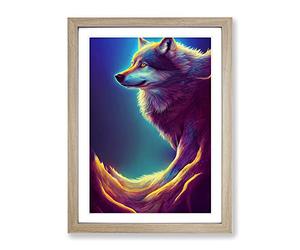 Wolf In Neon Framed Print | A3 Oak Framed Wall Art | Ready to Hang | Modern Animal Picture | Living Room Bedroom Lounge Office