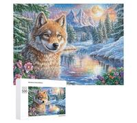 Wolf in Snowy Forest Lake at Dusk 500 Piece Jigsaw Puzzle for Couples Home Date Night Brain Challenge Gift for Valentine’s Day 500 PCS