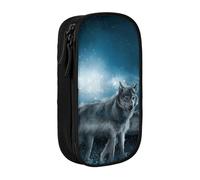 Wolf in the Moonlight Pencil Case Black Pencil Bag with 2 Compartments | Large Capacity Pencil Pouch Stationery Organizer Makeup Bag For Students Office Travel Art Supplies