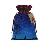 Wolf In The Moonlight Print Plaid Burlap Bag With Drawstring Christmas Burlap Pouches For Birthday Party Favors Gift