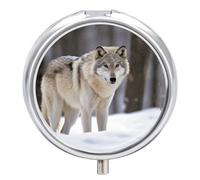 Wolf in The Snow Metal Pill Organizer, 3 Compartment Waterproof Pill Case with Mirror for Purse Pocket Bag, Daily Medicine Vitamin Holder, Portable Travel Med Container(Round)