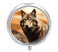 Wolf in The Sun Pill Box Cute Round Small Pill Organizer Portable with 3 Compartments Travel Metal Pill Case for Pocket Or Purse Privacy Protecting Medicine Box