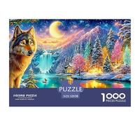Wolf in Vibrant Snowy Mountain Scene with Crescent Moon 1000-Piece Jigsaw Puzzle Enchanted Spirit Wolf - Ideal for Men, Women, Elders & Seniors 52x38cm/1000pcs