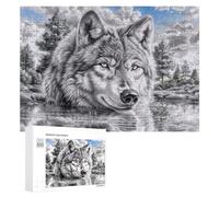 Wolf in Water with Forest in Black And White 300 Piece Jigsaw Puzzle for Couples Home Puzzle Collaboration Strategic Thinking Gift for Romance 300 PCS