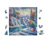 Wolf in Waterfall Forest with Rainbow 100 Pcs Jigsaw Puzzles Puzzles for Adults Teens Brain Game Fun Family Game Team Building Stress Reducing Autumn Thick Cardboard 28x28cm