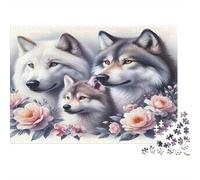 Wolf Jigsaw Puzzle Educational Game: Wolves with Pink Roses for Adults Teens Age 12 Years Up 38x26cm/1000pcs