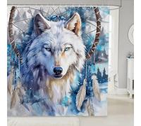 Wolf Kids Shower Curtains,Dream Catcher Exotic Boho Bathroom Curtains for Boys Men,Tie-dye Graffiti Wild Animals Rustic Farmhouse Blue White Waterproof Curtains,12 Hooks Suits,72" W x 72" L