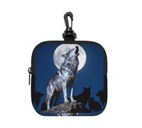 Wolf King Howl Small Waterproof Zipper Pouch-Neoprene Storage Bag for Earbuds, Keychain Clip Case