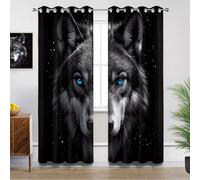 Wolf Kitchen Curtains for Windows - Man Cave Wildlife Wild Animal Black Blackout Eyelet Curtain 54 Drop, Short Curtains for Bedroom, W46 X D54, 2 Panels Drapes Home Decor