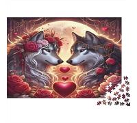 Wolf Love Jigsaw Puzzle for Adults: Two Wolves with Red Roses And Hearts Fun Present & Activity for Home Wall Decor 38x26cm/1000pcs