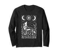Wolf Lover Moon Folk Art Celestial Nature Linocut Graphic Long Sleeve T-Shirt