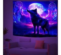 Wolf Moon Blacklight Tapestry, Neon Dream Catcher Native American Aesthetic Tapestry UV Reactive Glow in The Dark Wall Hanging for Bedroom, Living Room Decor, 100x150cm cvhA3783