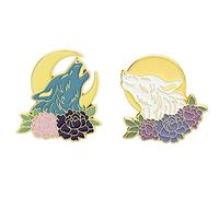 Wolf Moon Brooch Pin for Women Men Howling Wolf Crescent Flower Floral Pin Lapel Cute Animal Enamel Brooches Pins Collar Bag Jewelry Gift 2Pcs Set, rhinestone,
