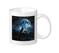 Wolf Moon Coffee Mug Art Howl Night Sky Forest Wooden Bird Blue Grey Ceramic Lightweight Living Room Outdoor Office Flat Bottom 11 Oz Set of 1