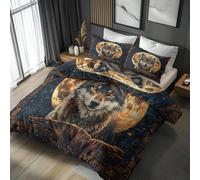 Wolf Moon Double Duvet Cover - Wild Animal Fantasy Bedding & Bedroom Decor, Super Soft Microfiber Quilt Cover and 2 Pillowcases, with Zip, Reversible Design I&A-N72