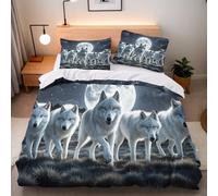 Wolf Moon Single Duvet Cover Set 150x200 cm with 2 Pillow Cases 50x75 cm 3D Print Wolf Animal Bedding Set Microfibre Machine Washable with Hidden Zip Corner Ties Children's Rooms Dorms Beds