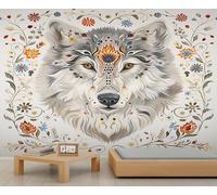 Wolf Murals Ethnic Totems Animal Wallpaper for Walls Flowers and Plants Botanical Bohemian Wallpaper Native American Art Wall Paper for Kids Bedroom Living Room Boys Room 350X256cm
