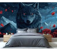 Wolf Murals Red Rose Floral Wallpaper Cool Exotic Western Wildlife Animal Wallpaper for Walls Mountain Starry Sky Cloud Wall Paper for Kids Bedroom Living Room Boys Room Mural Poster 500X350cm