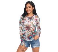 Wolf Nebula Long Sleeve Sheer Blouse See Through Blouses Soft Silky Tee Top for Women, Hand Drawn Flower Art White, XL