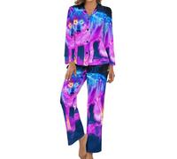 Wolf Neon Colors Glowing Women's Pajamas Set Long Sleeve Button Sleepwear Loungewear Comfort Pjs Nightwear