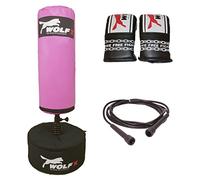 Wolf New Kids Free Stand Bag Boxing Kick Boxing Punch Bag Stand Heavy Martial Arts Bag Mitt Skipping Rope Set UK Made (Pink)