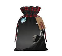 (Wolf Night Moon) Drawstring Gift Bags with Tag Plaid Candy Bags for Holiday Christmas Party Supplies S