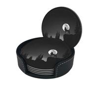 Wolf Night Moon Print Chic Round Leather Coasters – Set Of 6 Full-Print Coasters In A Premium Pu Leather Storage Box