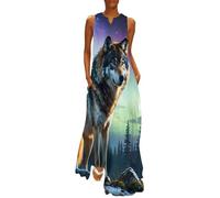 Wolf Northern Light Moon Cute Maxi Dress for Women Sleeveless Ankle Length Flowy Sundresses 4XL