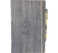 Wolf Notebook A5 with Wolf Footprint and Bamboo ballpen. 80gsm Cream Lined Paper, Elastic Enclosure and Ribbon Marker.