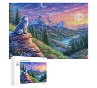 Wolf on Rock with Mountain And Flowers 300 Piece Jigsaw Puzzle for Adults Indoor Relaxation Session Focus Enhancement Gift for Evenings 300 PCS