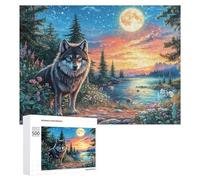 Wolf on Stone Path Under Starry Mountain Lake 500 Piece Jigsaw Puzzle for Family Indoor Entertainment Strategic Thinking Gift for Family Event 500 PCS