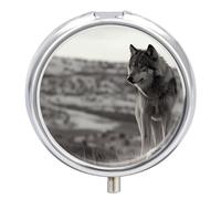 Wolf On The Grass Round Pill Box 3 Compartment Medicine Pill Organizer with Mirror Travel Small Pill Case Cute Vitamin Organizer Portable Daily Pill Container for Pocket Purse