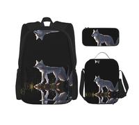 Wolf on the rock Backpack (3-piece set), large capacity backpack, student school bag, pencil case, lunch bag combination