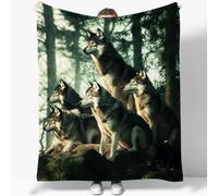 Wolf Pack Forest Throw Blanket, Soft Lightweight Microfiber Fleece Throw, Misty Green Woodland Wildlife Design, Cozy Blanket for Sofa Bed Couch, 127 x 152 cm