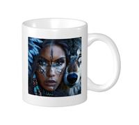 Wolf Pack Of 1 Printing Mug Painting Beautiful Face Feather Animals Tribe Style Artistic blue brown Ceramic Light Weight Collection Living Room Lab Outdoor Flat Bottom With Handles 11 Ounce