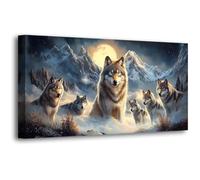 Wolf Pack Pictures Canvas Wall Art for Living room Office Bedroom Wall Decor, Moon Wall Art Print Paintings Modern The Wolf Gray Zoon Artwork Waterproof Ready to Hang-20x40inch