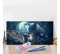 Wolf Paint by Numbers for Adults Beginners, DIY Paint by Numbers Moon Colored Canvas Drawing,Easy Arts and Crafts for Adults Oil Painting Kit for Relax Christmas Decorations,Room Decor 50x100CM G8-990